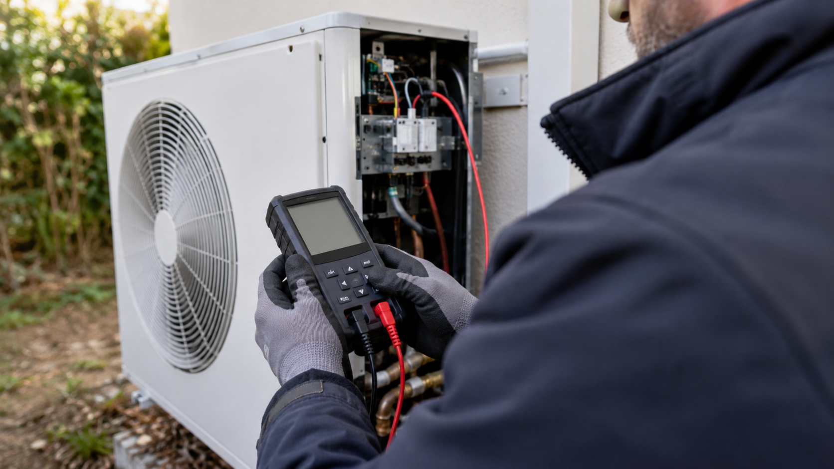 Technicien réparant une unité de pompe à chaleur en Essonne